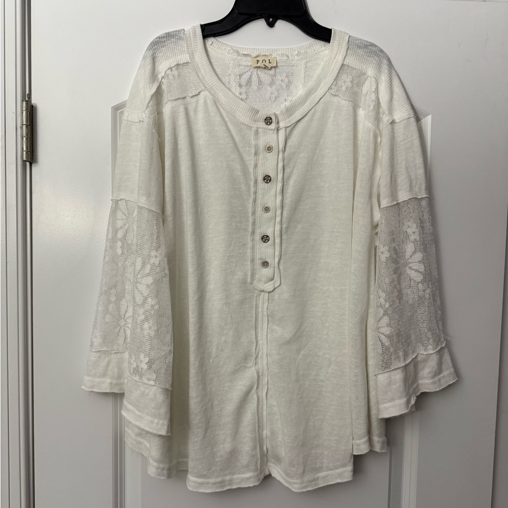 POL Floral Print White Lace Shirt 1/2 button up EUC